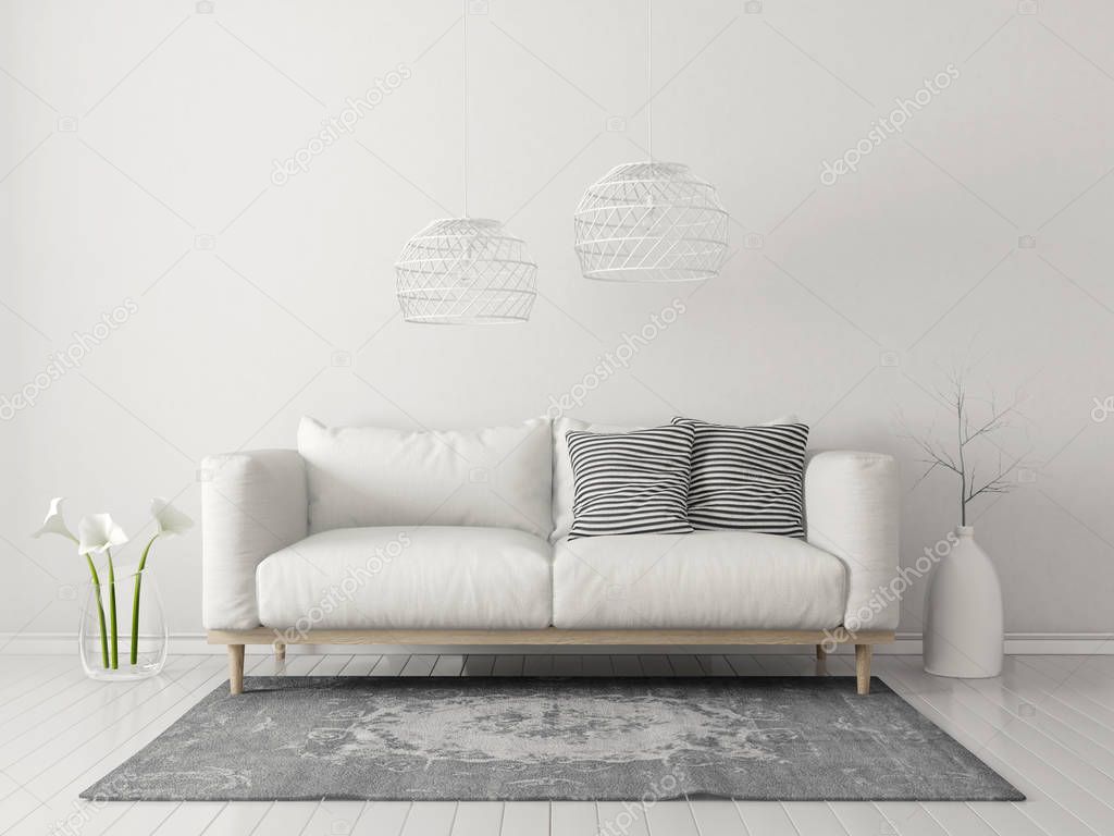 modern living room  with white sofa and lamp. scandinavian interior design furniture. 3d render illustration