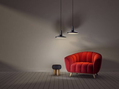 Kırmızı koltuğu ve lambası olan modern oturma odası. İskandinav iç dizayn mobilyası. 3d resimleme
