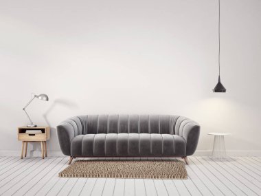 Gri kanepesi ve lambası olan modern oturma odası. İskandinav iç dizayn mobilyası. 3d resimleme