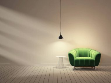 Yeşil koltuğu ve lambası olan modern oturma odası. İskandinav iç dizayn mobilyası. 3d resimleme