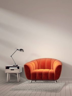 Turuncu koltuğu ve lambası olan modern oturma odası. İskandinav iç dizayn mobilyası. 3d resimleme