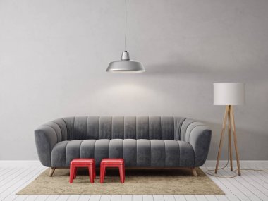 Gri kanepesi ve lambası olan modern oturma odası. İskandinav iç dizayn mobilyası. 3d resimleme