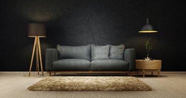Kanepesi ve lambası olan modern oturma odası. İskandinav iç dizayn mobilyası. 3d resimleme