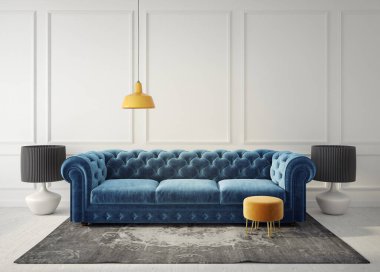 Mavi kanepeli modern iç mekan. 3d illüstrasyon