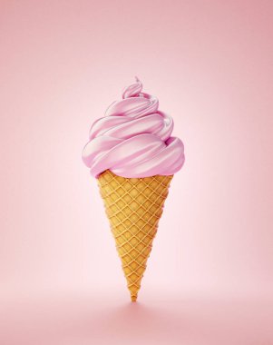 Pembe arka planda izole edilmiş waffle dondurması. 3d illüstrasyon