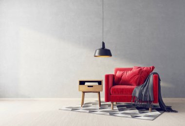 Modern tasarım. İskandinav mobilyası. 3 boyutlu illüstrasyon. Kırmızı koltuk.