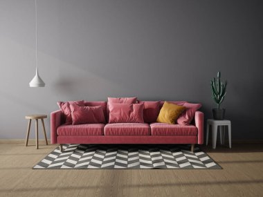 Modern tasarım. İskandinav mobilyası. 3D resim, kırmızı kanepe.