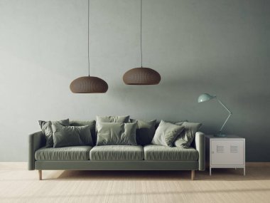 Modern tasarım. İskandinav mobilyası. 3D resim, yeşil kanepe.