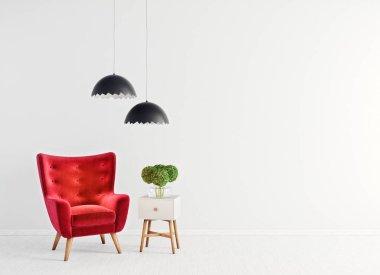 Modern tasarım. İskandinav mobilyası. 3D illüstrasyon, kırmızı koltuk