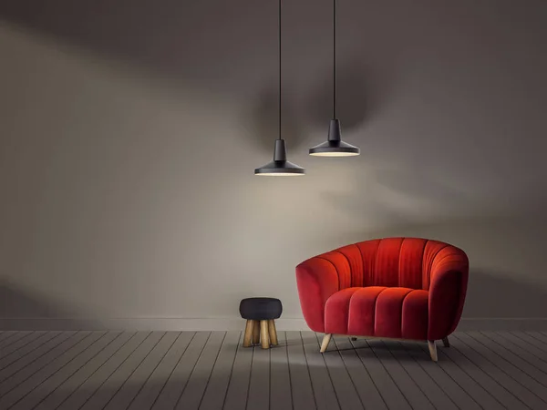 Moderna Sala Estar Con Sillón Rojo Lámpara Muebles Escandinavos Diseño —  Fotos de Stock