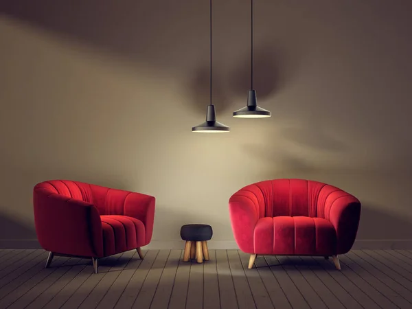 Moderne Woonkamer Met Rode Fauteuils Lamp Scandinavische Interieur Meubels Illustratie — Stockfoto