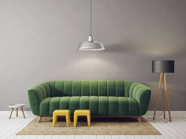 современная гостиная с зеленым диваном и лампой. Скандал с дизайнерской мебелью интерьера. Трехмерная иллюстрация
