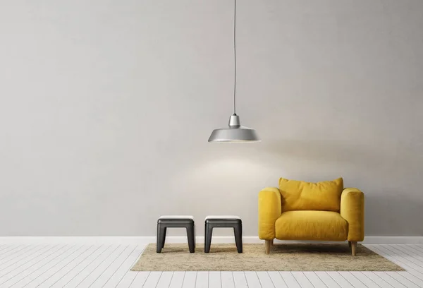 Soggiorno Moderno Con Poltrona Gialla Lampada Mobili Interior Design Scandinavo — Foto Stock