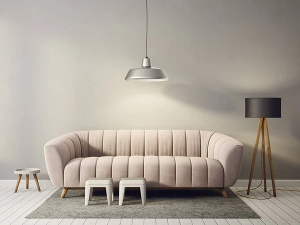 Soggiorno Moderno Con Divano Lampada Mobili Interior Design Scandinavo Illustrazione — Foto Stock