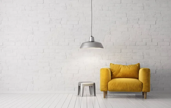 Moderna Sala Estar Con Sillón Amarillo Lámpara Muebles Escandinavos Diseño —  Fotos de Stock