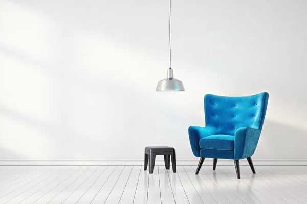 Sala Estar Moderna Com Poltrona Azul Lâmpada Móveis Design Interiores — Fotografia de Stock