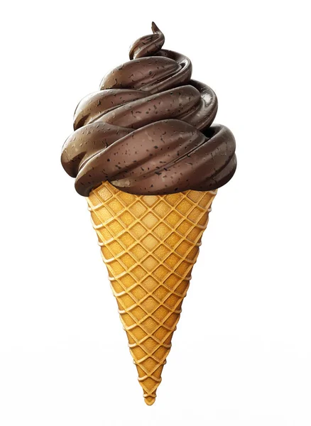 巧克力冰淇淋与华夫饼隔离在白色 3D说明 — 图库照片