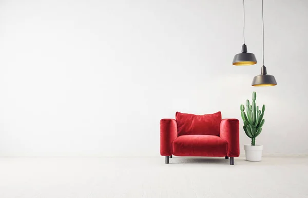 Modern design interior. Scandinavian furniture. 3d illustration. red armchair