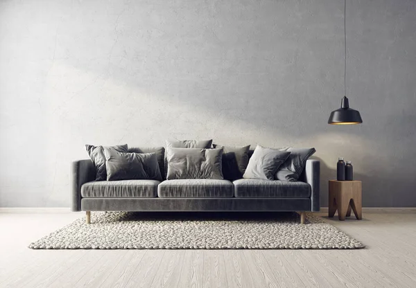 Modern design interior. Scandinavian furniture. 3d illustration. Grey sofa