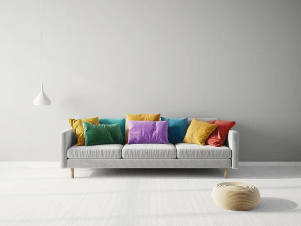 Modern design interior. Scandinavian furniture. 3d illustration. Sofa with colored pillows