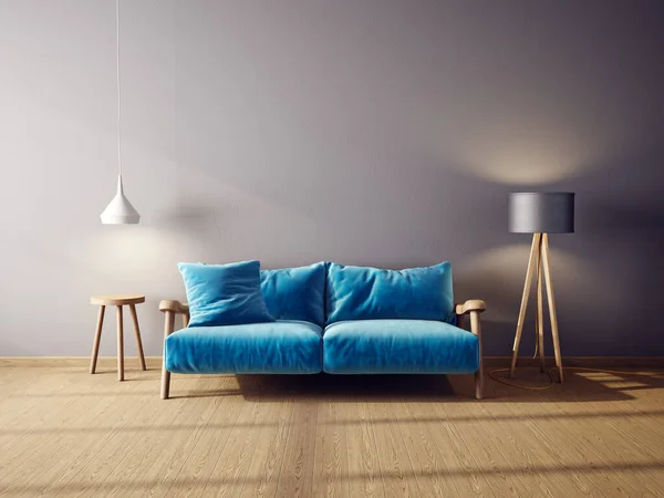 Modern design interior. Scandinavian furniture. 3d illustration, blue sofa
