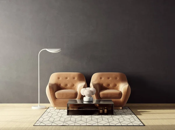 Modern design interior. Scandinavian furniture. 3d illustration, brown armchair