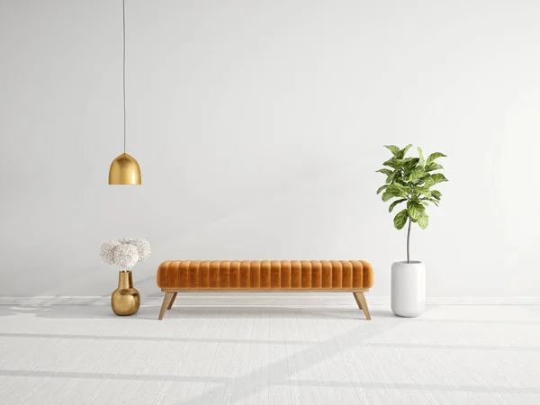 Modern design interior. Scandinavian furniture. 3d illustration, orange couch