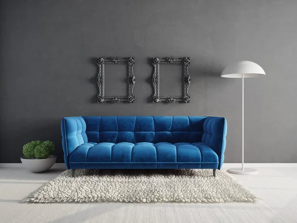 Nowoczesny Design Wnętrz Skandynawskie Meble Ilustracja Niebieska Sofa — Zdjęcie stockowe