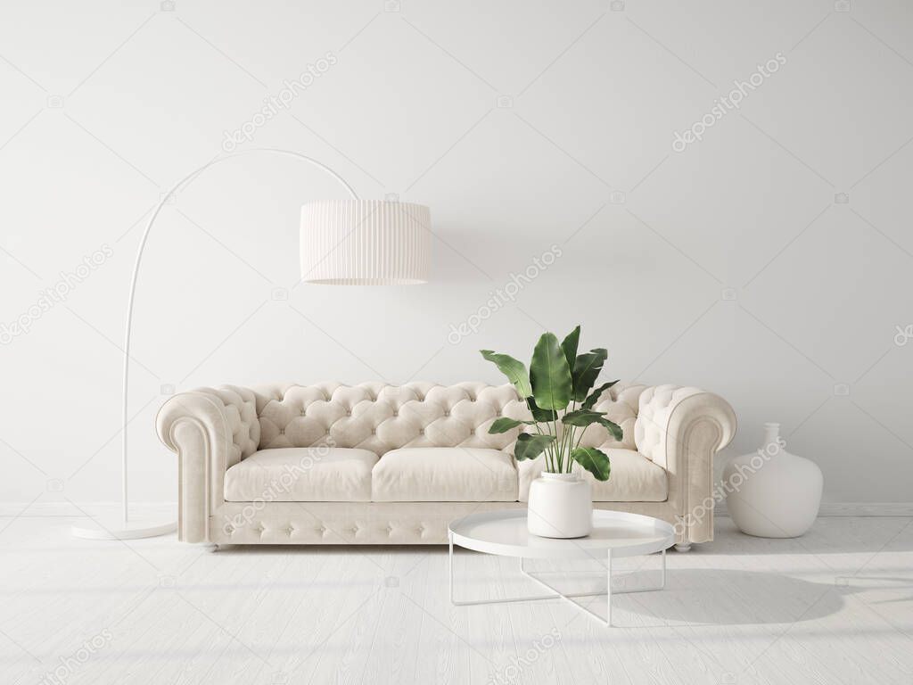 Modern design interior. Scandinavian furniture. 3d illustration, white sofa