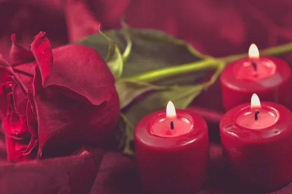 Rosa romántica y velas —  Fotos de Stock
