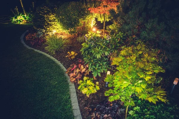 Verlichte tuin van de achtertuin — Stockfoto