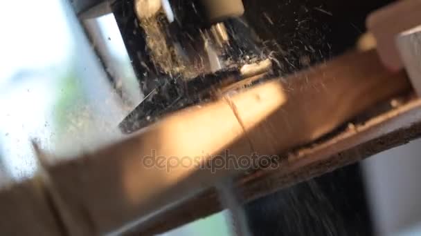 Hout Snijden Slow Motion Neergaande Saw — Stockvideo