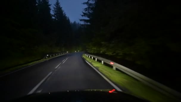 高速道路を疾走する車 夜時間の後半の林道 道路照明 — ストック動画