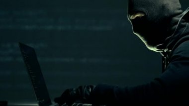 Kimlik Hırsızlığı Konsepti. Bilgisayarının Önünde Sıkı Maskeli Hacker Çalışıyor.
