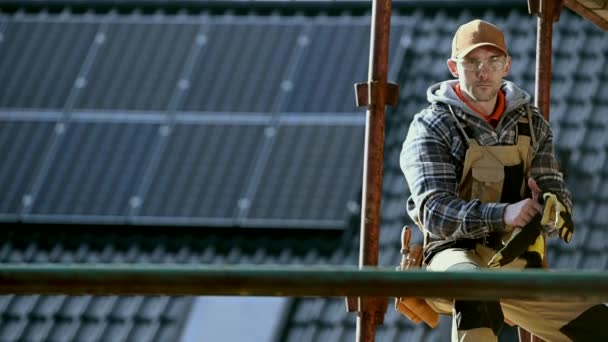 Wearing Hand Protection Gloves House Construction Worker His 30S Seating — Stock Video