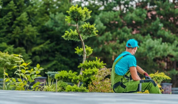 Pekebun Profesional Mengambil Short Break Dan Menikmati Taman Baru Yang — Stok Foto