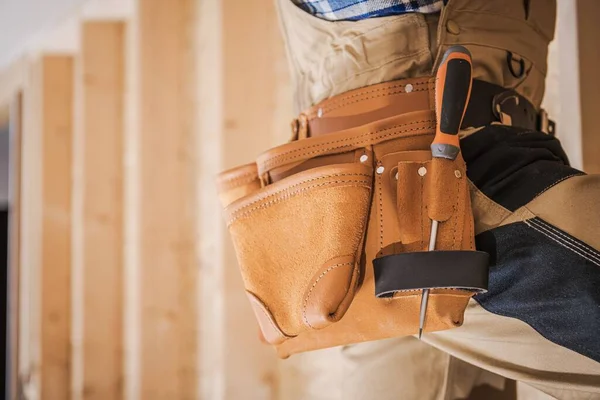 Home Improvement Job Residential Construction Contractor His Tools Belt Closeup — Stock Photo, Image
