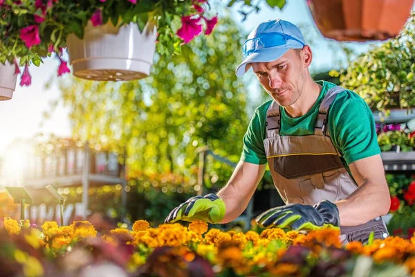 Bloemen Planten Verkopen Blanke Mannen Zijn Tuinwinkel Thema Voor Kleine — Stockfoto