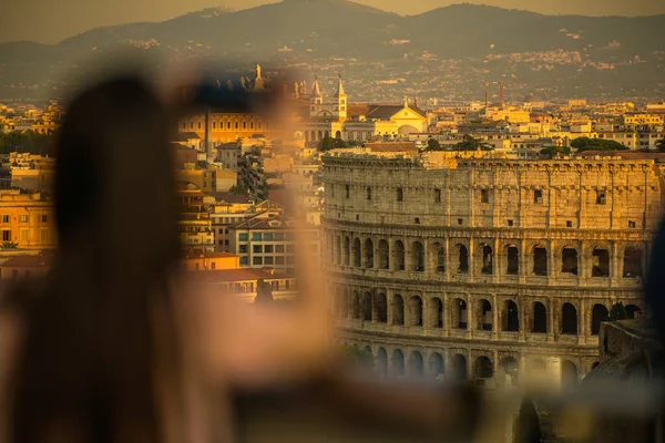 Tourist Taking Picture Colloseum City View Rome — стоковое фото