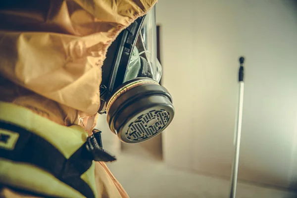 Close Worker Hazmat Suit Mask Spray Nozzle Cleaning Hazardous Waste — Stock Photo, Image