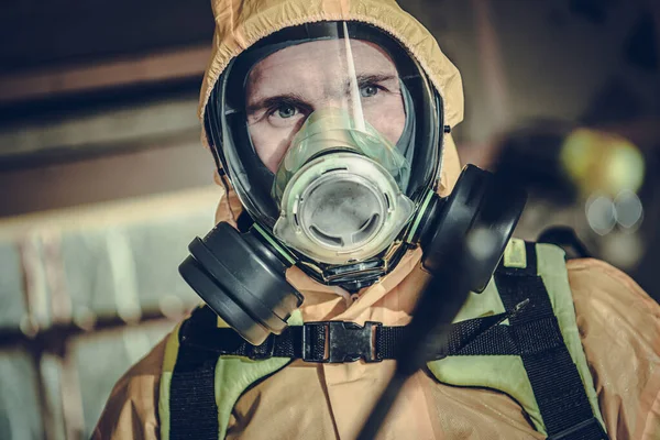 Caucasian Disinfection Sanitizing Worker Wearing Professional Biochemical Mask Two Filters — Stock Photo, Image