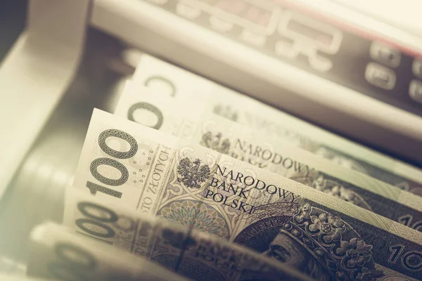 Polnischer Zloty Bargeld Inneren Von Banknoten Counter Nahaufnahme Foto — Stockfoto