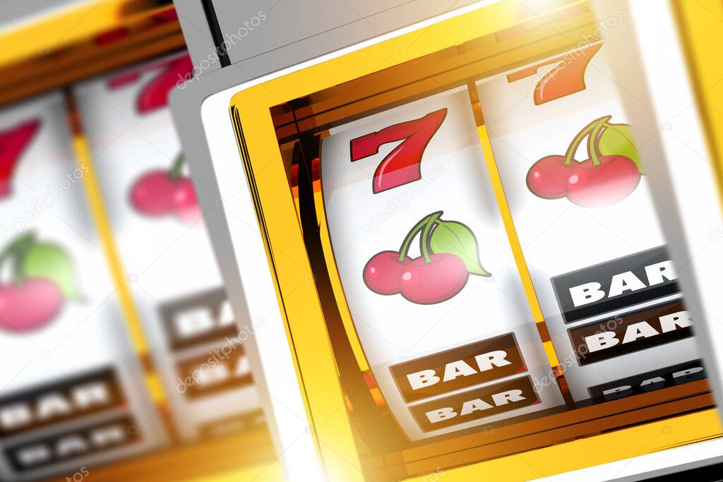 Triple Sevens Casino Slot Machines Concept 3D Illustration. Gambling Industry Theme.