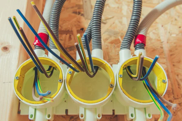 Close Sorted Elerctric Wires Newly Framed Wall Ready Plug Installation — Stock fotografie