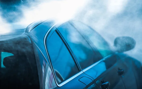 Close Black Passenger Car Being Sprayed Rinsed Driving Automatic Car — Stock Photo, Image