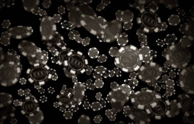 Havada Yüzen Poker Cipslerinin Klasik Siyah ve Beyaz Grafik Tasarımı. 