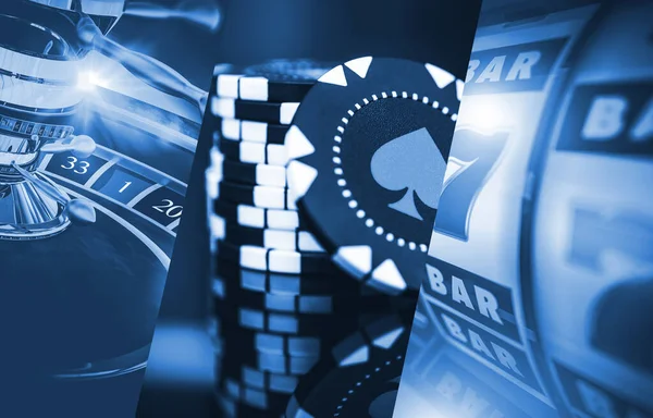 Tres Imágenes Concepto Casino Con Ruleta Poker Chips Máquina Ranura —  Fotos de Stock