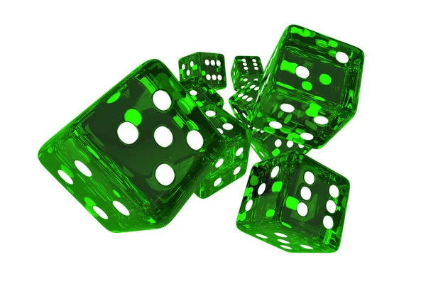 Close Nine Green Casino Dice Thrown Air White Background — Stock Photo, Image