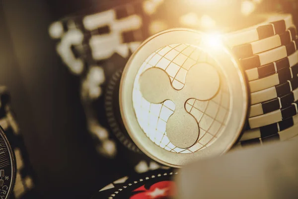 Crypto Currency Ripple Coin Placed Stack Casino Poker Chips — 스톡 사진