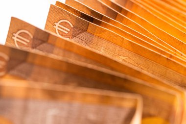 Avrupa Turuncu Para Birimi Kağıt Faturaları Yığını Kapatın. 